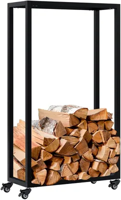 Zdjęcie produktu dla Półka na drewno kominkowe Holzlagerung Hilta – stojak na drewno na kółkach | Kolor: czarny | Wymiary: 60x25x100 cm