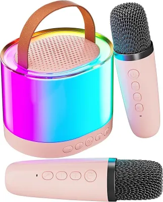 Produktbild von Tragbare Karaoke Maschine, mit 2 Drahtlosen Mikrofon, Rosa Lautsprecher Box mit Lichteffekte, Unterstützt TF/USB,AUX in, für Party, Geburtstag