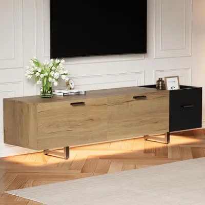 Image de OKWISH Meuble TV avec Tiroirs de Rangement et Étagères Ouvertes - Design Contemporain pour Salon en Bois Reconstitué - 140x38x49 cm, Naturel et Noir