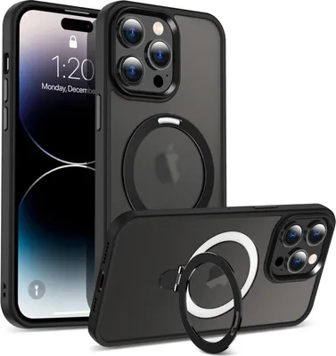 A black iPhone case with a magnetic ring for MagSafe charging is shown from multiple angles, with an iPhone visible in one of the cases.