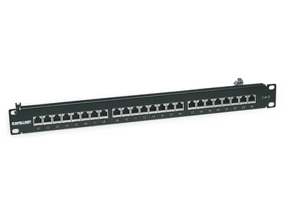 Obrázek produktu pro Intellinet 24portový patch panel Cat6, stíněný, 24 portů, FTP, 1 U, svorkovnice s 90stupňovými úhlovými kabelovými vstupy, černý - Patch panel - CAT 6 - FTP - RJ-45 X 24 - černý - 1U - 48,3 cm (19")