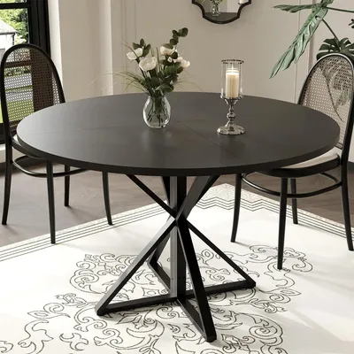 Produktbild von Runder Esstisch - 120 cm Holztisch für 4–6 Personen - Robustes Metall-Säulengestell - Moderner Platzspar-Tisch für Küche & Esszimmer - Schwarz
