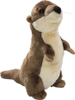 A plush toy otter is standing on a white background.