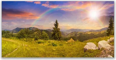 Produktbild von Glasbilder 140x70 Wandbild Druck auf Glas Sonne Gebirge Wiese Steine Natur