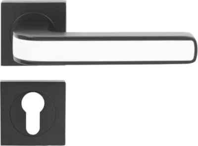 Produktbild von DOMINO Türgriff Drückergarnitur PZ - Profilzylinder Set | quadratische Rosette | Türklinke für Zimmertür, Bürotür, Kellertür & Innentür| Türbeschläge aus Aluminium| Schwarz/Weiss Türdrückergarnitur | AXE-QR Black/White