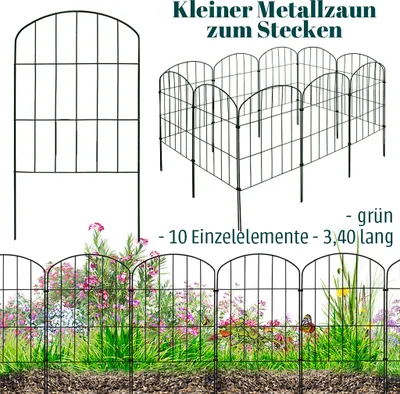 Produktbild von Zaun Gartenzaun Steckzaun Hundezaun Teichzaun für Garten Teich 10 Zaunelemente 43 cm hoch Metall Gitterzaun Oberbogen Grün V2Aox