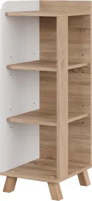 A narrow, tall bookshelf with alternating wood-tone and white shelves, set on four angled legs.