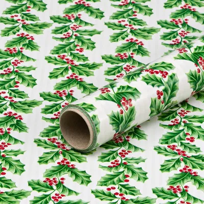 Produktbild von Geschenkpapier für Weihnachten, Ilex, Grün, Weiß, Rot, 0,70 x 10 m