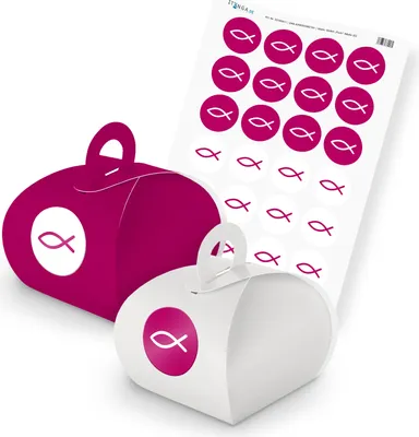 Produktbild von itenga SET Fisch (Motiv 32) 24x Geschenkschachtel mit Griff pink weiß + Stickerb