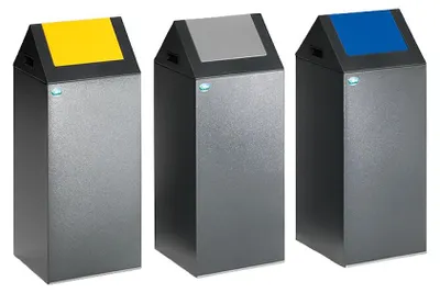 Produktbild von Selbstlöschender Wertstoffsammler spitz mit Einwurfklappe | 60 Liter, HxBxT 80x32x32cm | Verzinkter Stahl | Grau-Silber