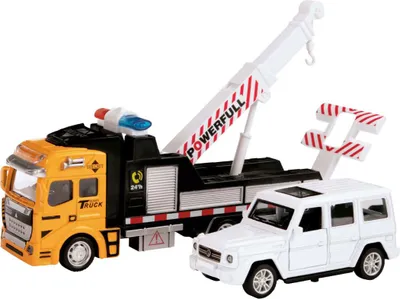 Zdjęcie produktu dla Metalowa ciężarówka holownicza z podnośnikiem + samochód z napędem 4X4