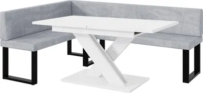Produktbild von MEBLINI Eckbank für Esszimmer mit ausziehbarem Tisch  - Küchenbank - Essecke - Sitzecke Küche - TONI - U-Beine 142x196x87cm Links - Hellgrau Samt/B Weiß Matt