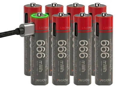 Obrázek produktu pro Ano, 8 kusů AA baterií, lithium-iontových, 440 mAh, 1,5 V, 666 mWh, nabíjecích přes USB-C, barva: černá / červená