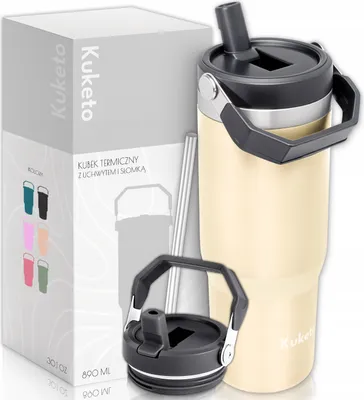 Produktbild von Kuketo | Isolierbecher - 890 ml - Thermobecher mit Griff - Creme - Isoliert 24h - BPA-frei und Praktisch