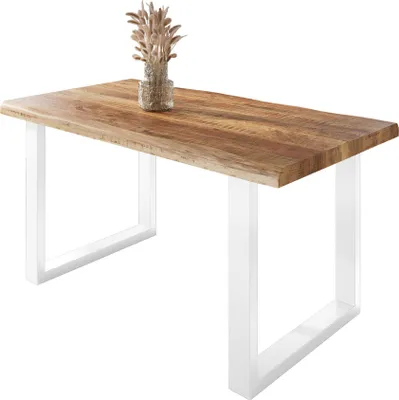 Produktbild von Esstisch Baumkante massiv Mango rough 160 x 85 U-Gestell weiß ATLAS
