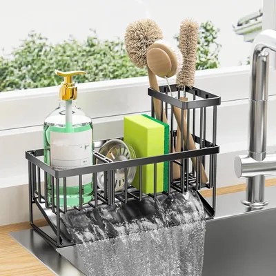 Produktbild von Küchenorganizer mit Schwammhalter – Selbstentleerender Spülbecken-Organizer mit Bürsten- und Handtuchhalter, Spülmittel-Organizer aus Edelstahl zur Aufbewahrung und Organisation in der Küche
