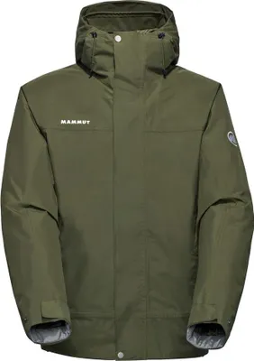 Olivegrüne isolierte Hardshelljacke mit Kapuze und Mammut-Logo auf der Brust und am Ärmel