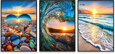 Produktbild von Leinwandposter Set, 3-teilig, 30 x 40 cm, Strand und Sonnenuntergang, Wanddekoration für Wohnzimmer