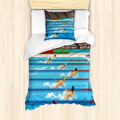 Produktbild von ABAKUHAUS Olympia Mantele, Olympia Schwimmen Rennen, Milbensicher Allergiker geeignet mit Kissenbezügen, 135 cm x 200 cm - 80 x 80 cm, Blau Beige Rot