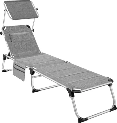 A gray, foldable lounge chair with a sunshade and a side pocket, shown from a slightly elevated side angle against a white background.