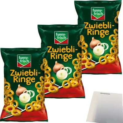 Produktbild von Funny Frisch Zwiebliringe geoldgelbe Maisringe mit herzhaftem Zwiebelgeschmack 3er Pack (3X80g Tüte) + usy Block