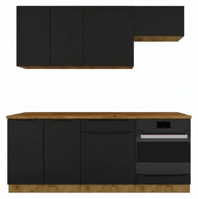 Produktbild von Küchenzeile 200 cm Schwarz Matt - mit brauner Arbeitsplatte - MDF - moderne Küchenmöbel-Set - Schubladen mit Soft-Close - ISABEL
