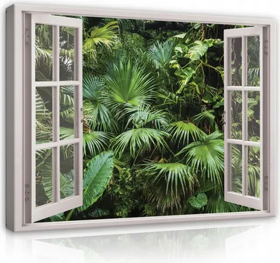 Produktbild von Leinwand Bilder Dschungel Wald Fensterbilck - 80x60 cm - Panorama Natur Landschaft Modern Canvas Leinwandbild XXL Illusion Fenster Küche Schlafzimmer Wohnzimmer Wandbild Kunstdruck Wandbilder Wand Bild auf Leinwand Aufhängefertig