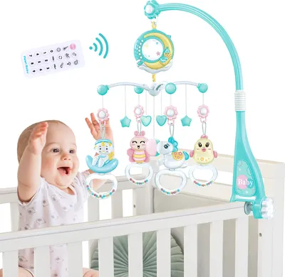 Produktbild von Baby Musik Crib Mobile Babybett mit Timing-Funktion Projektor und Lichtern, hängenden rotierenden Rasseln, Spielzeug für Neugeborene(Blau)