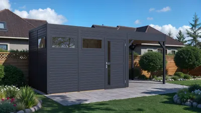Produktbild von Gartenhaus Bertilo Cubus 3 Lounge inkl. Bodenplatte, Schleppdach 559 x 240 cm anthrazit