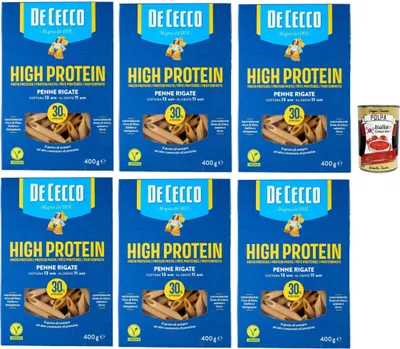 Produktbild von De Cecco Penne rigate Nr. 41, High protein, Italienische Hartweizennudeln, 6 Packungen à 400g, Pasta aus 100% italienischem Hartweizen, + Italian Gourmet polpa 400g
