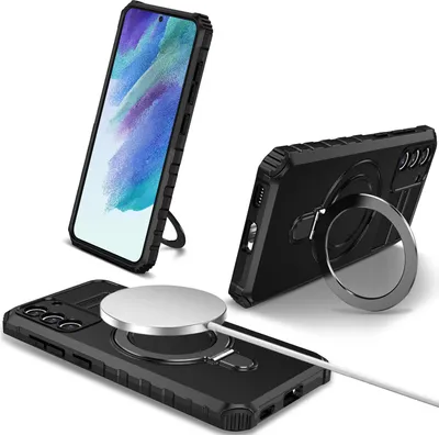 A collage of three images showing a black phone case with a magnetic ring stand and a magnetic charging accessory.