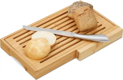 Produktbild von Bambus Brotschneidebrett mit integrierter Krümelschublade und scharfem Brotmesser