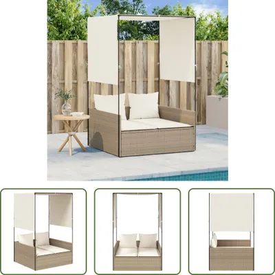 Image de The Living Store Bain de soleil double avec toit et rideaux Beige Poly Rattan