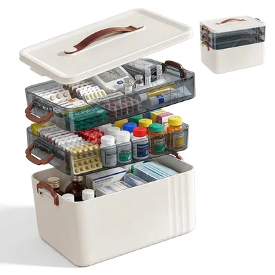 Produktbild von Relaxdays Medizinbox, 3 Fächer, 2 entnehmbare Einsätze, Hausapotheke Box, Kunststoff, Griffe, HBT: 24 x 33 x 22 cm, weiß