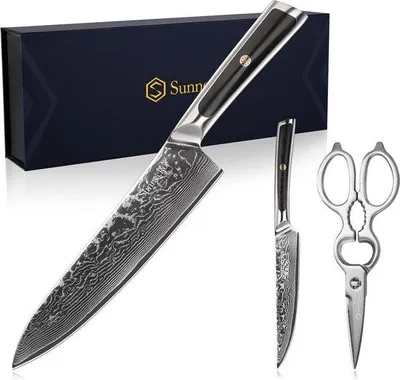 Produktbild von Famanu Küchenmesserset 3-teilig - Damaststahl, Klingenlängen 20 cm und 12 cm, mit Küchenschere
