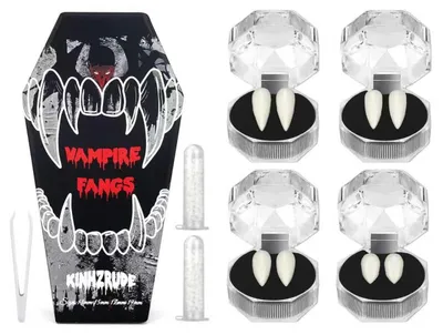 Imagen del producto de Dientes de vampiro realistas - Set de dientes artificiales - 4 tamaños (13/15/17/19 mm) - Reutilizables - Incluye adhesivo - Adecuados para Halloween/Cosplay - Dientes para disfraces