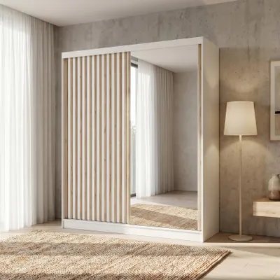 Produktbild von BEAUTYSOFA | Kleiderschrank DONATELLO 180 cm Weiß/Artisan mit Spiegel und Lamellen Schwebetürenschrank modern