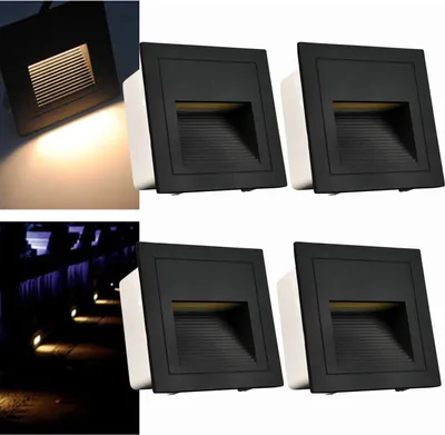 A collage of images showing LED stair lights, both individually and installed on a pathway.