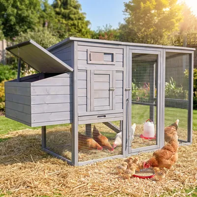 Immagine prodotto di Una cuccia per galline a forma di canoa, realizzata in legno, con posatoi e recinti per galline, è resistente ai predatori ed è quindi facile da pulire. Dimensioni: 179 cm, 70 cm, 100 cm