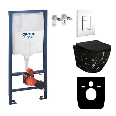 Produktbild von GROHE Vorwandelement Solido + Wand Hänge WC Sofi Slim Fire Schwarz Spülrandlos + WC-Sitz SoftClose | Glänzend Weiß Knopf | Komplettset | Unterputz Spülkasten | Toilette Komplett Sett