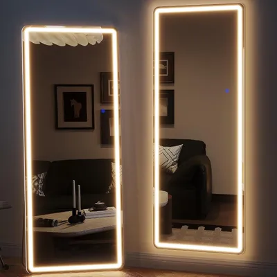 Image de Miroir de pleine longueur avec éclairage LED, dimensions 178x65 cm, blanc, avec variateur d'intensité et 3 couleurs, modèle autoportant et mural