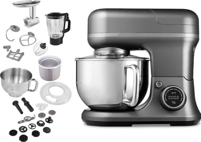 Produktbild von MEDION Küchenmaschine (Mixer, Fleischwolf, Eisschüssel für Zubereitung von Eis, 4 in 1, 1.200 Watt,  Reiben Raspeln Schneiden, Digitales Touch Display, Knetmaschine, Teigmaschine, MD18440) Titan