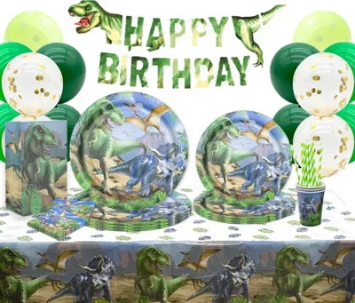 Produktbild von Party Deko Set Dinosaurier 66 tlg. Dino Zug Teller Becher Servietten Geburtstag Kindergeburtstag Mottoparty Partyset
