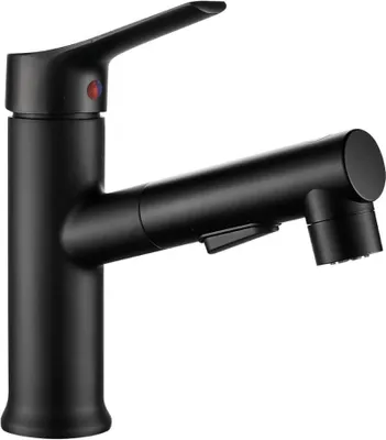 Produktbild von Design Waschtischarmatur, Stehend, Mischbatterie, schwarz mit ausziehbarem Auslauf und Ablaufgarnitur