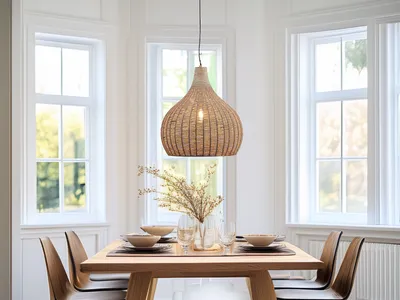 Produktbild von Große LED Pendelleuchte Boho Style Korblampe über Esstisch & Treppenhaus, Ø54cm