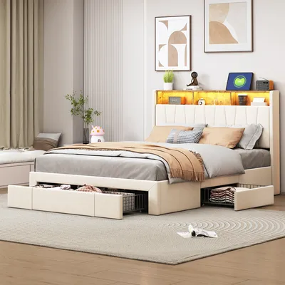Obrázek produktu pro úložná postel 160x200 cm, béžové sametové dvoulůžko se 3 zásuvkami a zásuvkovou přípojkou