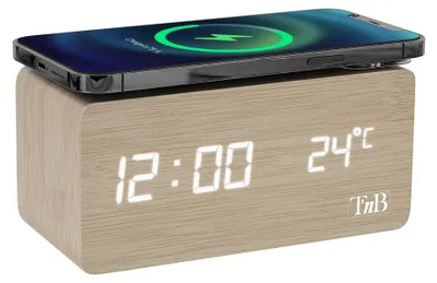 Holz-Wecker mit Qi-Ladestation 10 W, 3 Weckzeiten, Helligkeit