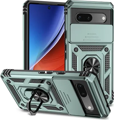Image de Étui pour Google Pixel 7A étui double couche avec couvercle coulissant pour appareil photo et support annulaire vert