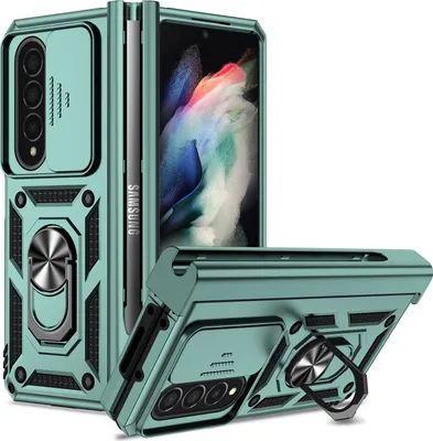 Produktbild von Galaxy Z Fold4 Hülle mit Schiebe Kamera Schutz und Ringhalter Ständer Robust Rüstung Schutzhülle für Samsung Galaxy Z Fold 4 5G Grün