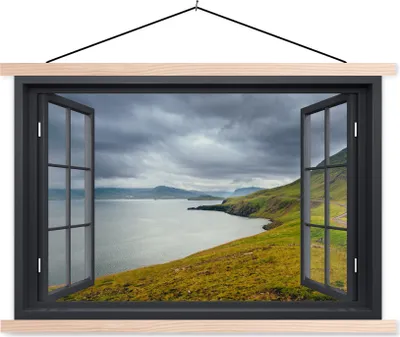 Produktbild von MuchoWow® Textilposter Aussicht - Natur - See 120x80 cm mit holzfarbenen Rahmen - Aufhängeset